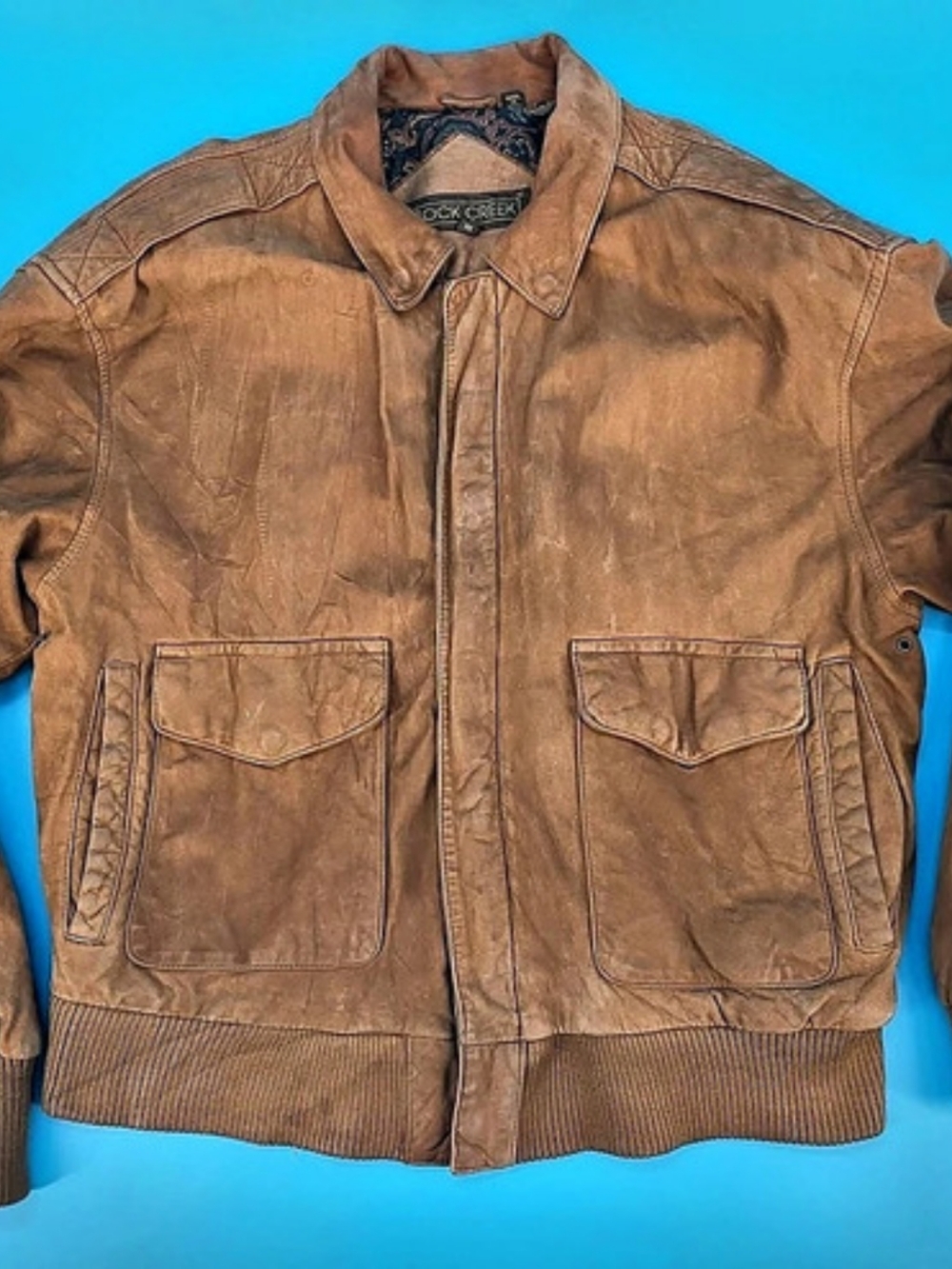 Rock Creek Men's Leather Bomber Jacket in Brown, Medium
